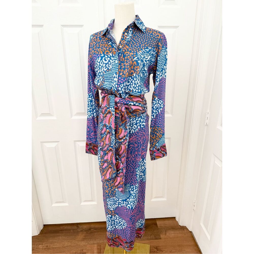 Taj by Sabrina Crippa Colorful Animal Print Wrap Shirt Dress Small NWT‎